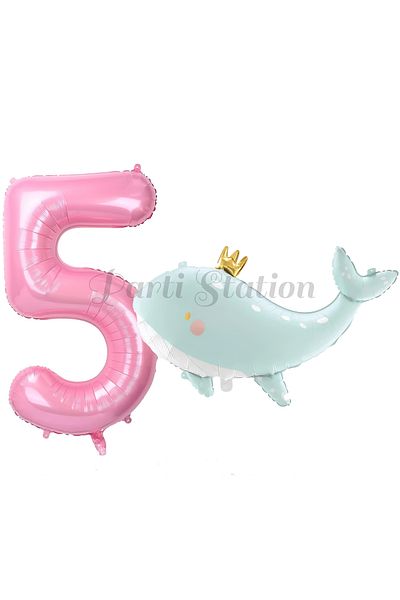 Parti Station 5 Year Old Green Cute Whale Set - Sea and Ocean Creatures, Concept Balloon and Pink Number Balloon