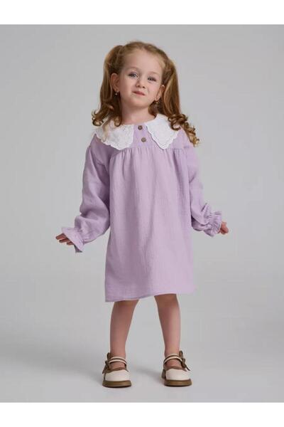 HN HNT TEKSTİL Girl's Muslin 100% Cotton Dress with Lace Collar