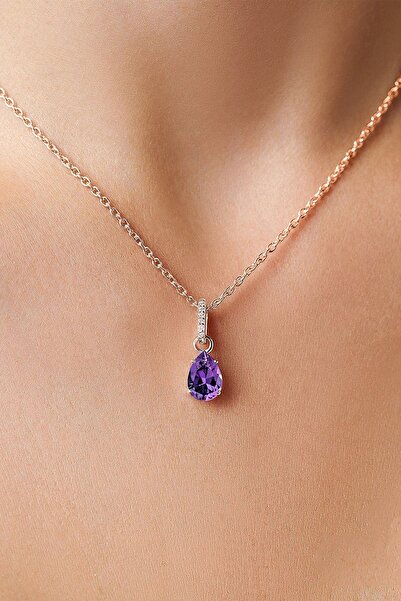 Sahira Jewelry Mor Mistik Topaz Taşlı 14 K Rose Altın Kaplama Kadın Kolye