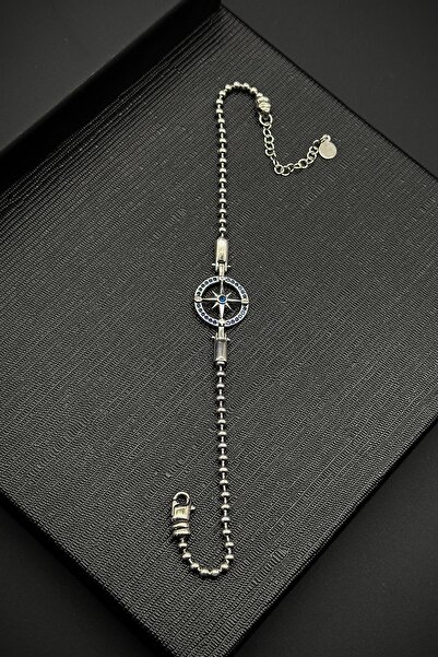 FRNCH 925 Ayar Gümüş Pusula Figürlü Zirkon Taşlı Gümüş Renk Erkek Bileklik FR...