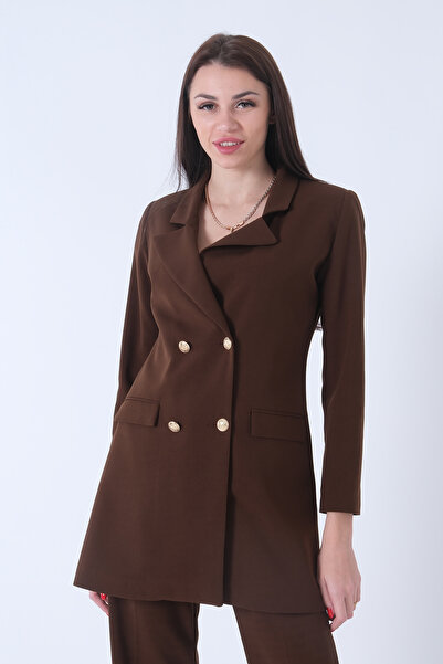Feminist Astarlı Düğme Kapamalı Blazer Ceket Kahve 0105123