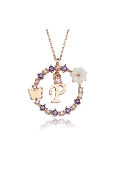 Sahira Jewelry Manolya Çiçeği Düşler Işıltısı 14K Rose Gold P Harfi Kadın Kolye