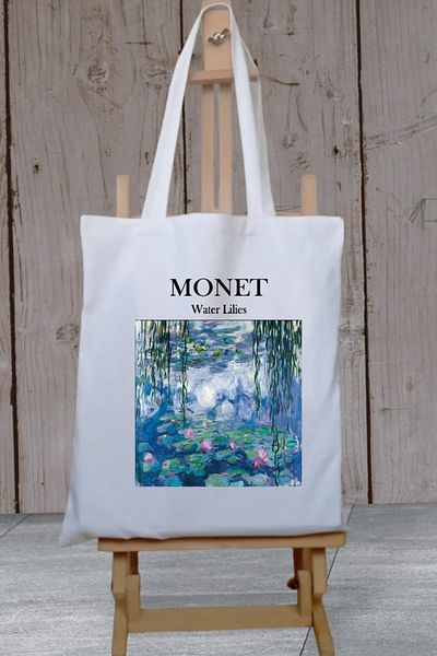 Cemira Monet Lilies Printed - Geantă de umăr din panza alb rezistenta la apa