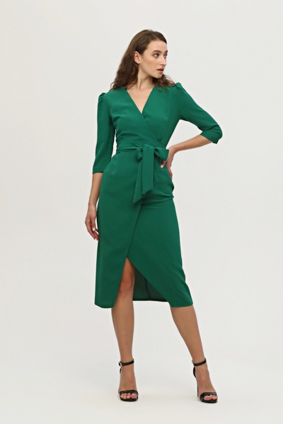 Feminist Kruvaze Yaka Midi Boy Krep Elbise Zümrüt 0104010