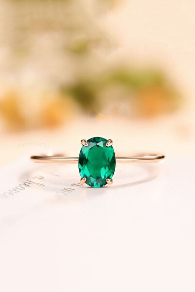 Sahira Jewelry Oval Dişli Model Yeşil Zirkon Taşlı 14 K Rose Altın Kaplama Ka...
