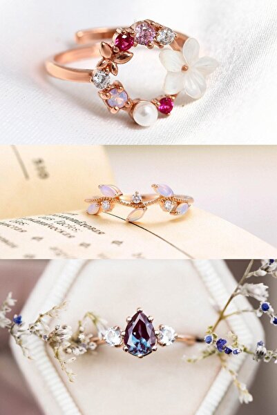 Sahira Jewelry Mistik/sarmaşık/orkide 3lü Set 14 K Rose Altın Kaplama Yüzük