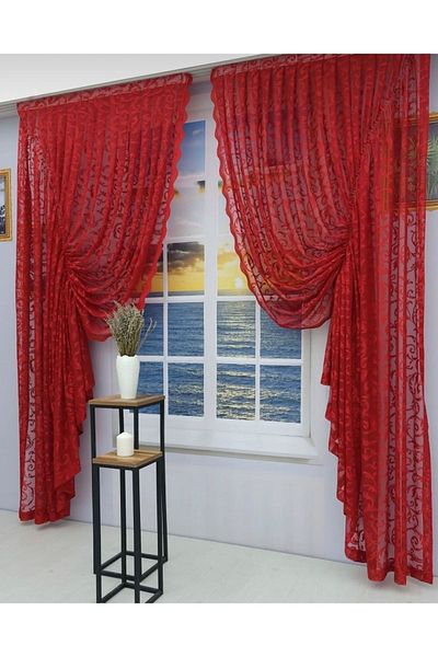 CEYLANLAR Red Ivy Tulle Background Curtain - 100X270, Two Wing Drawstring