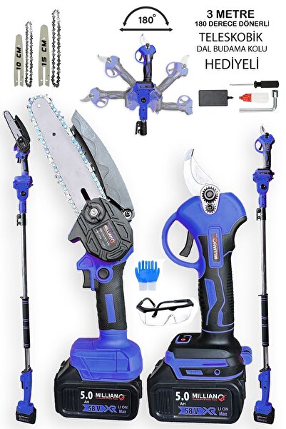 Millian Çift Akülü Şarjlı Ağaç Dal Kesme Budama Makası Dal Kesme Testere + Te...