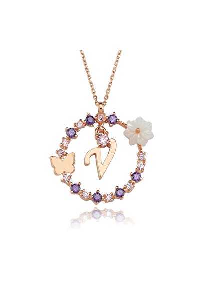 Sahira Jewelry Manolya Çiçeği Düşler Işıltısı 14K Rose Gold V Harfi Kadın Kolye