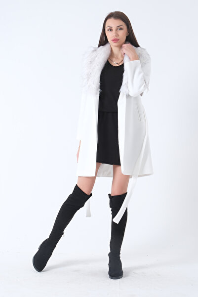 Feminist Seyyar Kürklü Çift Cepli Kaşe Kaban Beyaz 0108080