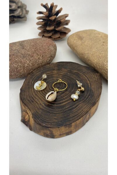 Porsuk Alternatif مجموعة من 3 أقراط مصنوعة يدويًا من الحجر الطبيعي (أم اللؤلؤ...