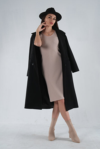 Feminist Önden Düğmeli Oversize Örme Kaşe Kaban Siyah 0108068