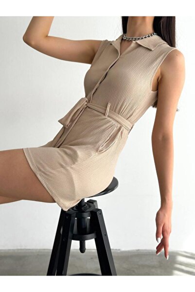 MsLena Butik Μπεζ γυναικεία φόρμα - Πουκάμισο με γιακά, Διπλές τσέπες, Κοντό σορτς με ζώνη No199-9435