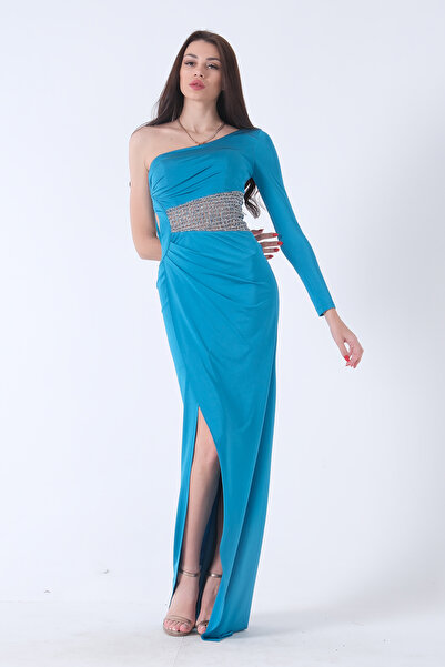 Feminist Tek Kol Yırtmaçlı Bel Dekolteli Balık Abiye Elbise Petrol 1302045