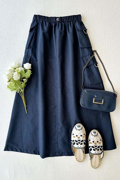 Ceylan Otantik Navy Blue Cargo Skirt - Pocketed Design