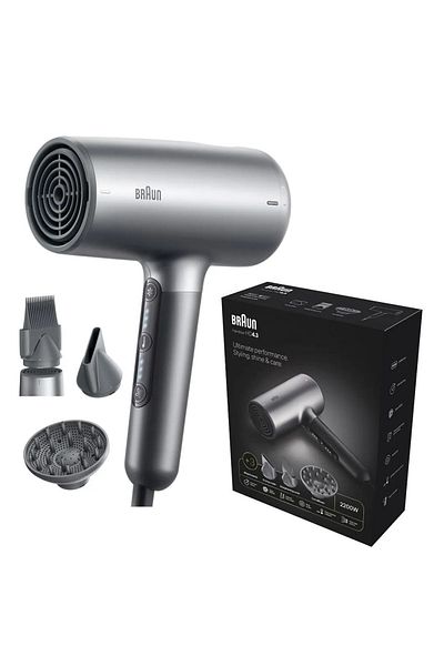 Braun Hair Dryer 2200 Watts, HTDC motor, 3 Attachments, Super Ionic, NTC, Cool Shot - HD4.35SDE