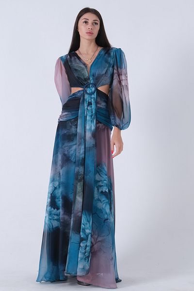 Feminist Petrol Color Silk Chiffon Buckle Evening Dress -1302087