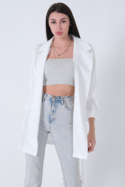 Feminist Kolları Volanlı Monoray Saten Ceket Beyaz 31050689