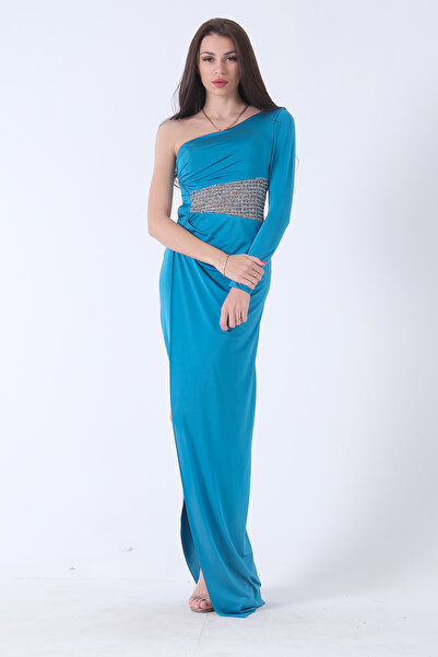 Feminist Tek Kol Yırtmaçlı Bel Dekolteli Balık Abiye Elbise Petrol 1302045