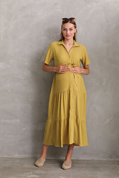 Miss Dünya Lissa Önden Düğmeli Gömlek Yaka Kısa Kol Hamile ve Lohusa Elbisesi