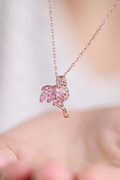 Sahira Jewelry Flamingo Model Pembe Taşlı 14 K Rose Altın Kaplama Kadın Kolye