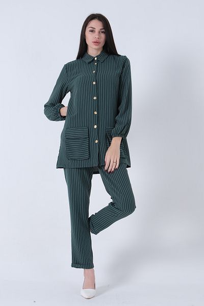 Feminist Gold Buttoned Striped Pocket Trousers Set Emerald0801415