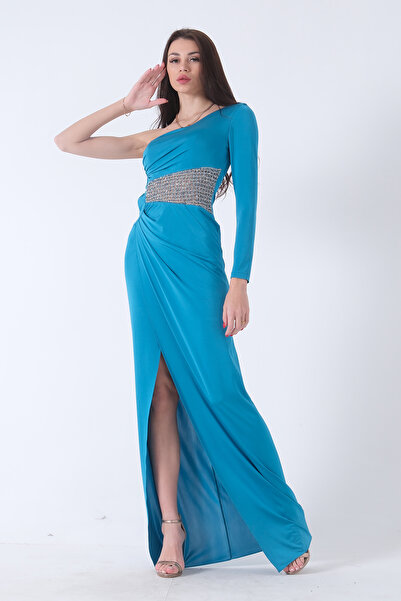 Feminist Tek Kol Yırtmaçlı Bel Dekolteli Balık Abiye Elbise Petrol 1302045