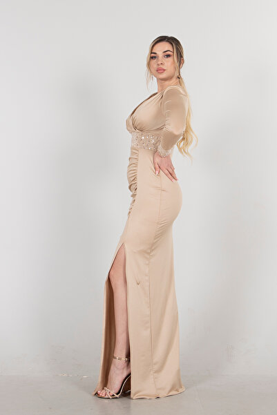 Feminist Kruvaze Yaka Boncuk Işlemeli Abiye Bej 1302142