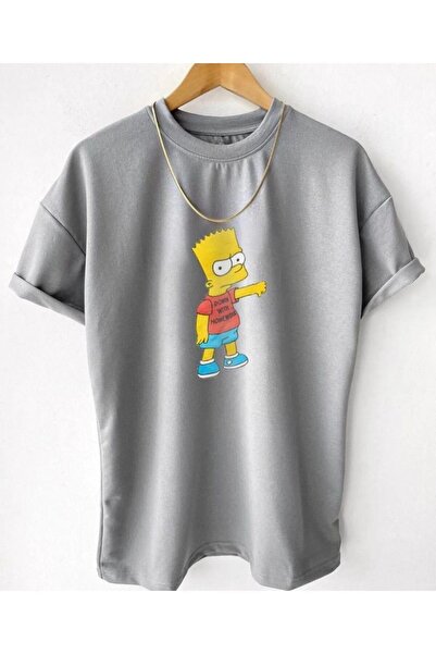 HIRSCH تي شيرت رمادي كبير الحجم للجنسين برقبة دائرية مطبوع عليه بارت سيمبسون