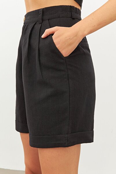 STELLA PULVIS Siyah Beli Lastikli Keten Şort