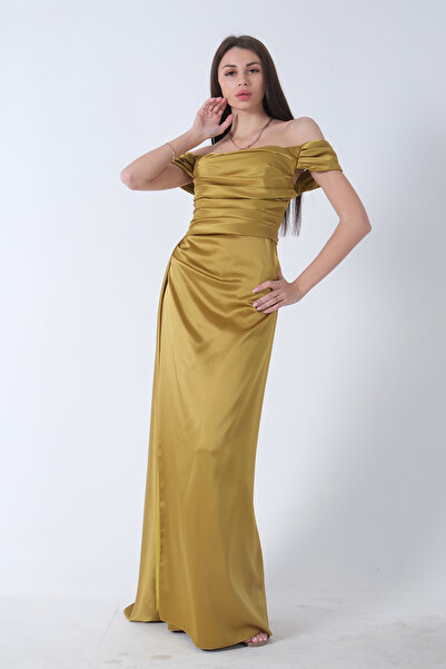 Feminist Drape Detailed Satin Fabric Evening Dress Pistachio9704858