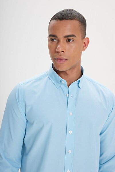 AC&Co / Altınyıldız Classics Cămașă cu dungi din bumbac, alb-turcoaz, slim fit, cu guler ascuns, cu nasturi