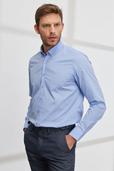 ALTINYILDIZ CLASSICS Erkek Mavi Slim Fit Dar Kesim Düğmeli Yaka Desenli Gömlek