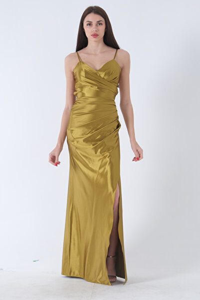 Feminist Sırt Dekolteli Yırtmaçlı Uzun Saten Abiye Elbise Fıstık 4522004