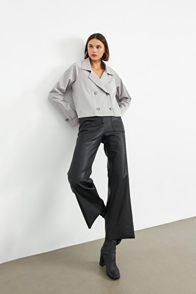 STELLA PULVIS Gri Kruvaze Astarsız Reglan Kol Kısa Trençkot