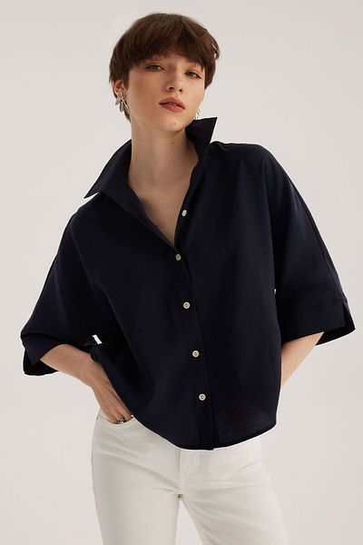 STELLA PULVIS Navy Blue Bat Sleeve Modal Shirt