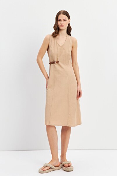 STELLA PULVIS Λινό Μίντι Φόρεμα - Μπεζ με Παγιέτες και Λεπτομέρεια Ζώνης