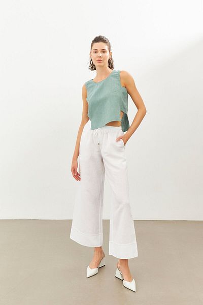 STELLA PULVIS White Linen High Waist Trousers with Elastic Waist
