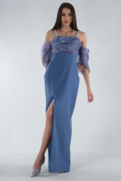 Feminist Kolları Şifon Yırtmaçlı Abiye Lila 9705139