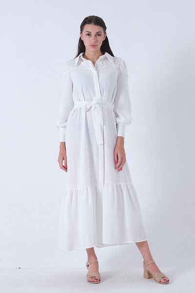 Feminist White Hijab Dress - Mobile Belted, Shirt Collar44510425