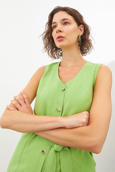 STELLA PULVIS Rochie midi fără mâneci, cu decolteu în V, din in verde