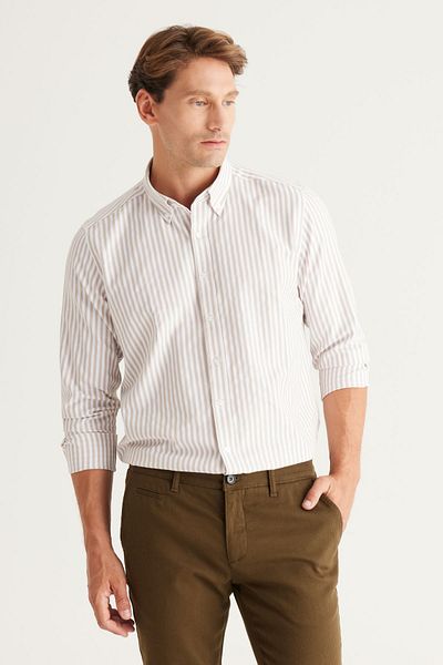 ALTINYILDIZ CLASSICS Men's Beige-White Slim Fit Slim Fit Button Collar Cotton Striped Shirt