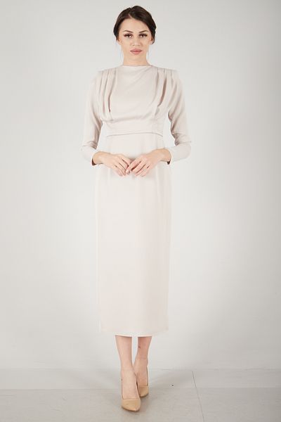 Feminist Beige Satin Hijab Evening Dress - Pleated Detail6502300