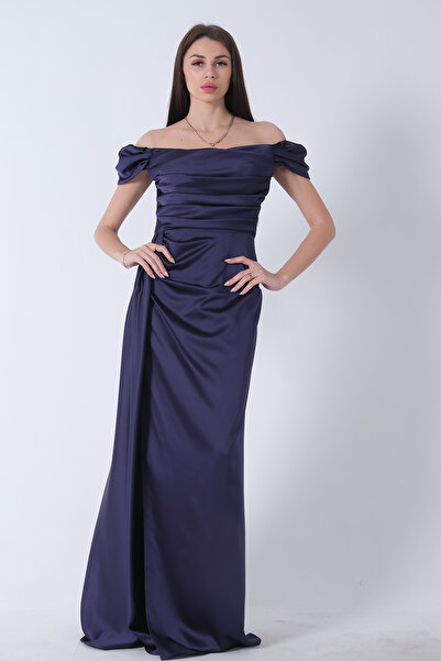 Feminist Drape Detailed Satin Fabric Evening Dress Navy Blue9704858