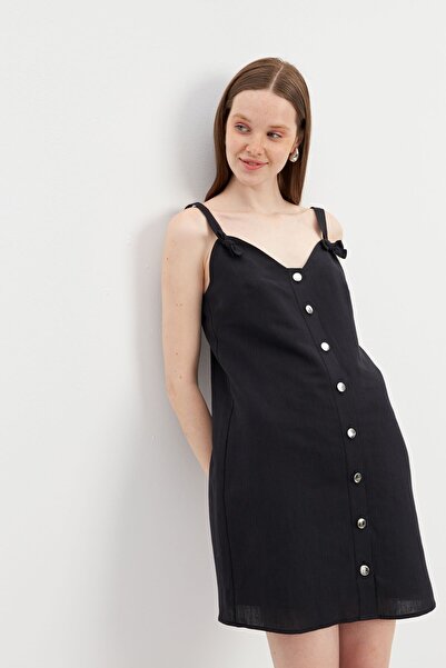 STELLA PULVIS Siyah Askılı Keten Mini Elbise