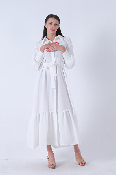 Feminist White Hijab Dress - Mobile Belted, Shirt Collar44510425