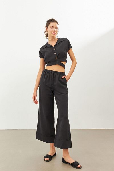 STELLA PULVIS Black Linen High Waist Trousers with Elastic Waist
