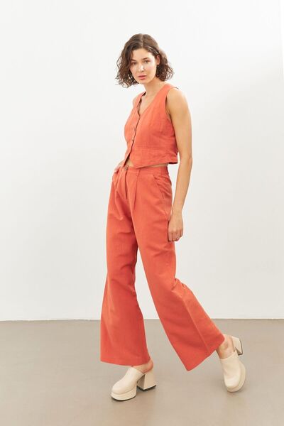 STELLA PULVIS Kiremit Keten Yüksek Bel Wide Leg Pantolon