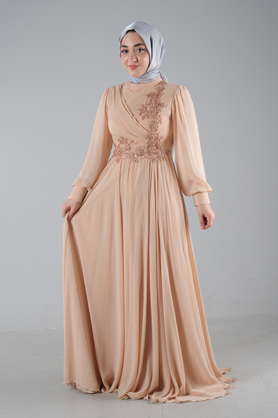 Feminist Üzeri Taş İşlemeli Şifon Tesettür Abiye Elbise Bej 6502316