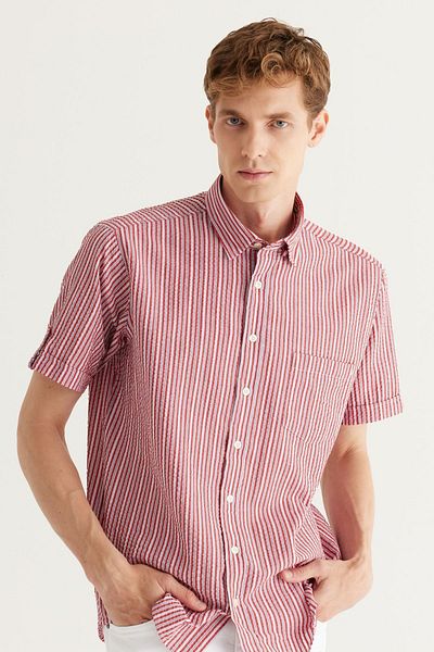 AC&Co / Altınyıldız Classics Men's Burgundy Comfort Fit Relaxed Cut Button Collar Cotton Striped Shirt